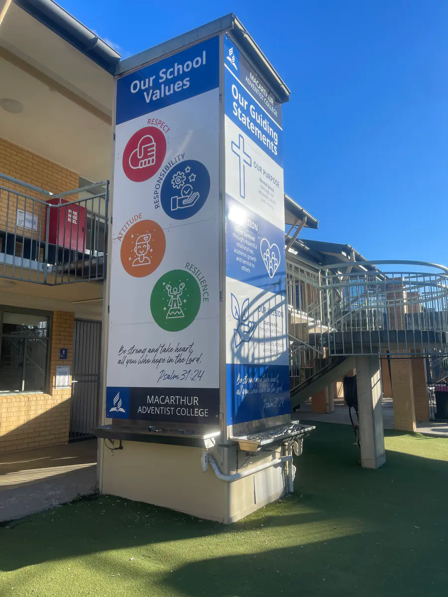 Macarthur Adventist College school values signage installed on campus